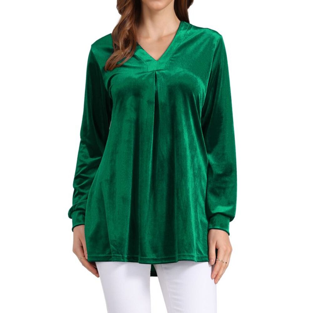 Velvet Top V Neck Long Sleeves Solid Casual Tunic Blouse T-Shirt Dark Green